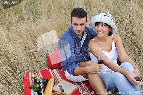 Image of happy couple enjoying countryside picnic in long grass