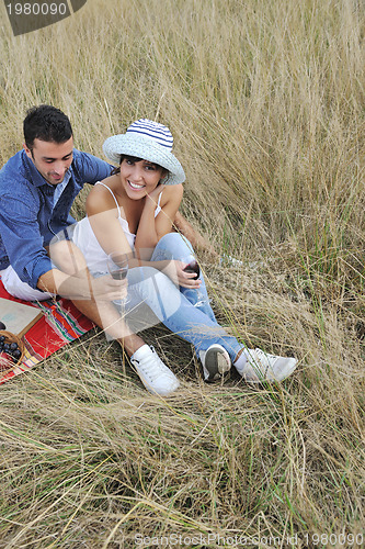 Image of happy couple enjoying countryside picnic in long grass