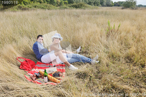 Image of happy couple enjoying countryside picnic in long grass