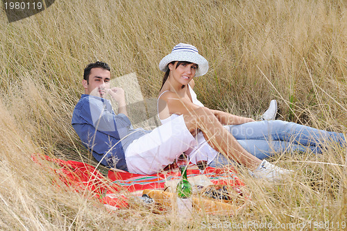 Image of happy couple enjoying countryside picnic in long grass