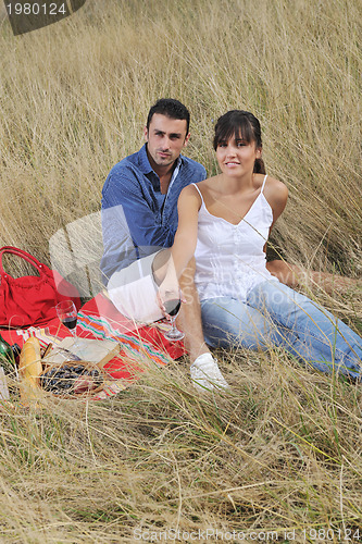 Image of happy couple enjoying countryside picnic in long grass