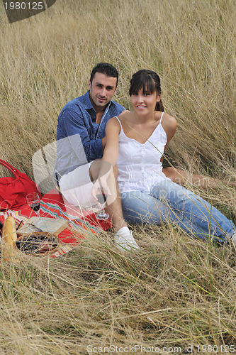 Image of happy couple enjoying countryside picnic in long grass