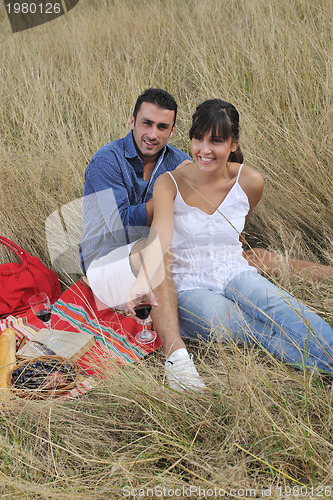 Image of happy couple enjoying countryside picnic in long grass