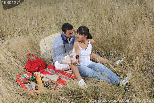 Image of happy couple enjoying countryside picnic in long grass