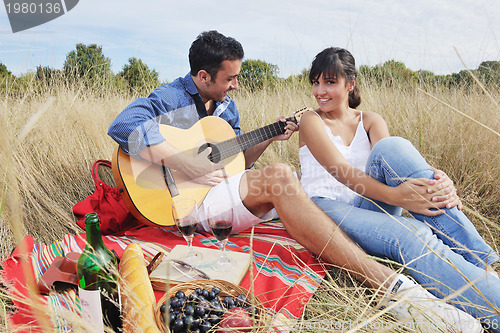 Image of happy couple enjoying countryside picnic in long grass