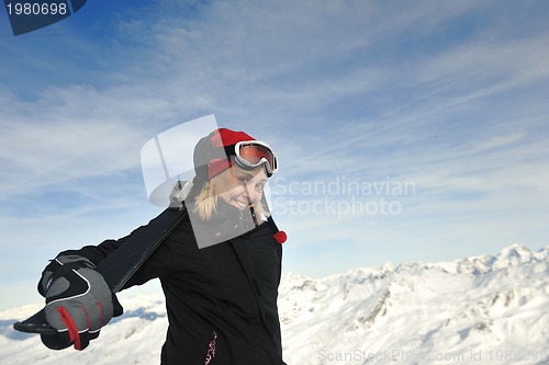 Image of woman winter snow skiskiing on on now at winter season