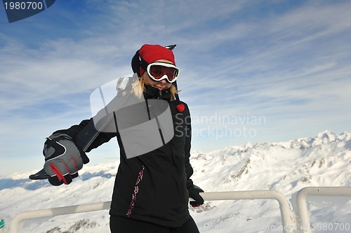 Image of woman winter snow skiskiing on on now at winter season
