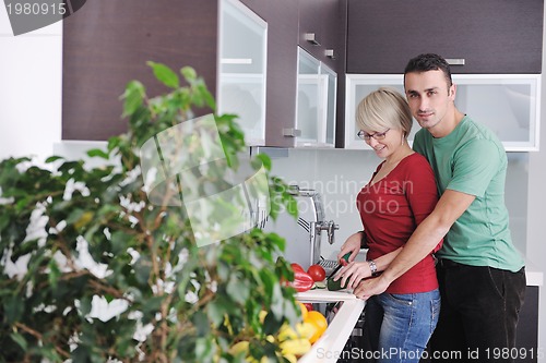 Image of young couple have fun in modern kitchen