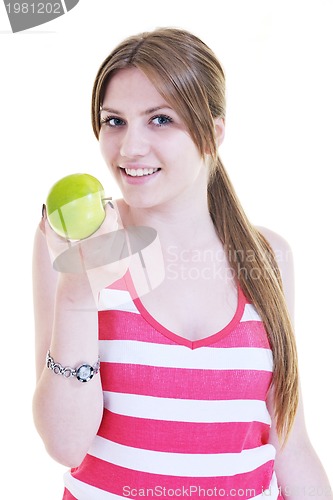 Image of happy  young  woman eat green apple isolated  on white