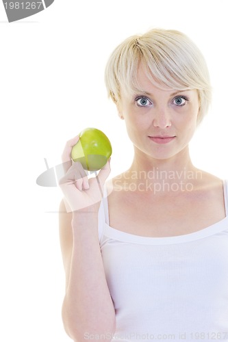 Image of happy  young  woman eat green apple isolated  on white