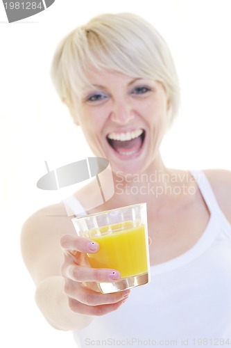 Image of Young woman drinking orange juice isolated over white background