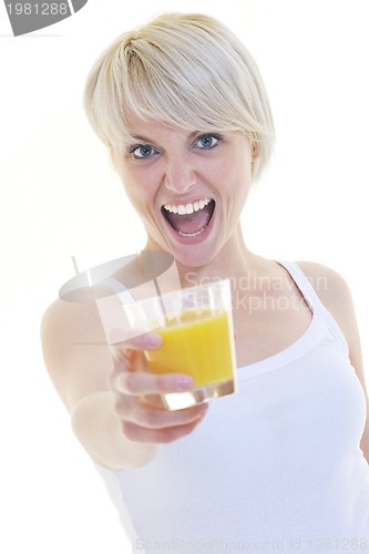 Image of Young woman drinking orange juice isolated over white background