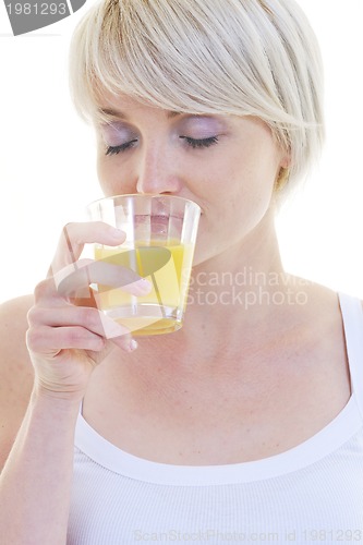 Image of happy  young  woman eat green apple isolated  on white