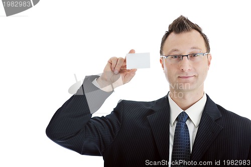 Image of young businessman with empty white card