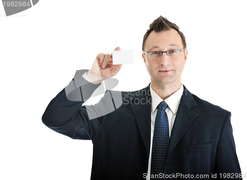 Image of young businessman with empty white card