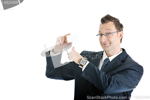 Image of young businessman with empty white card