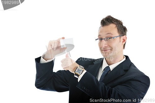 Image of young businessman with empty white card