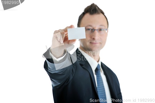 Image of young businessman with empty white card