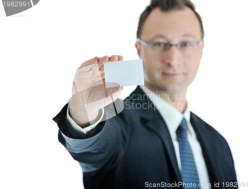 Image of young businessman with empty white card
