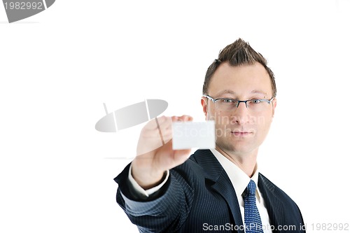 Image of young businessman with empty white card