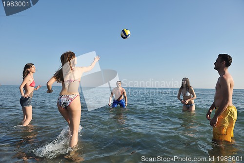 Image of young people group have fun and play beach volleyball