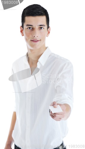 Image of young businessman with empty white card