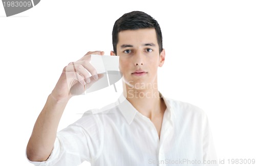 Image of young businessman with empty white card