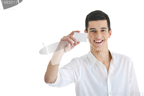 Image of young businessman with empty business card
