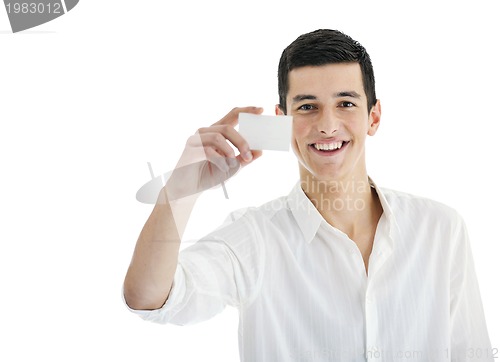 Image of young businessman with empty white card