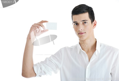 Image of young businessman with empty white card