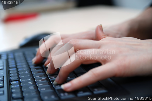 Image of woman hands typing on laptop keyboard