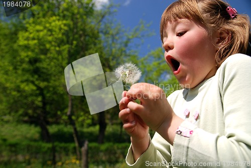 Image of cute girl blowing dundelion