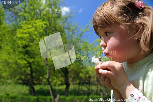 Image of cute girl blowing dundelion