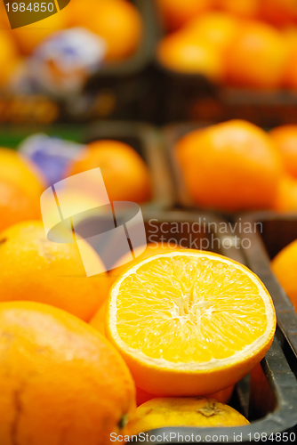 Image of fresh oranges in supermarket