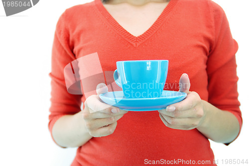 Image of girl with blue coffe cup