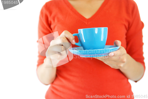 Image of girl with blue coffe cup