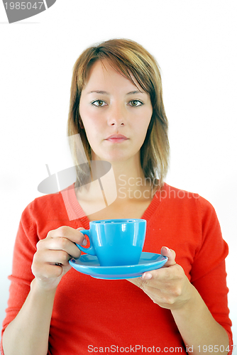 Image of girl with blue coffe cup