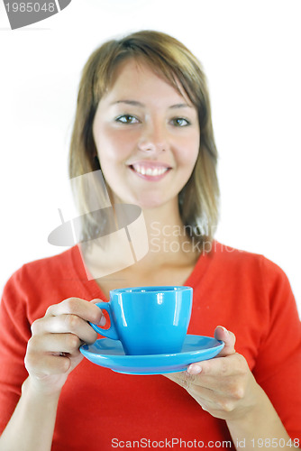 Image of girl with blue coffe cup