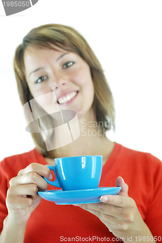 Image of girl with blue coffe cup