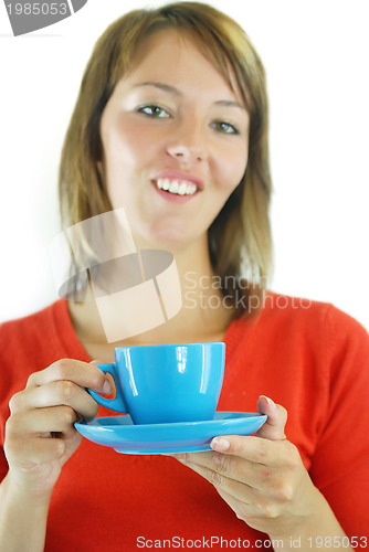 Image of girl with blue coffe cup