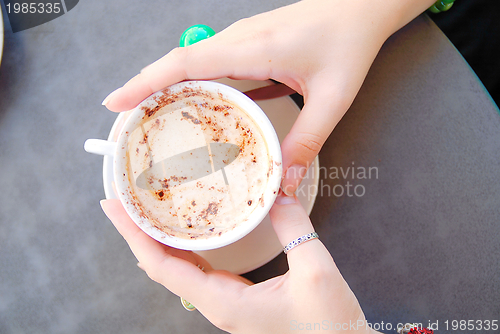 Image of woman hands with cup of cappucino
