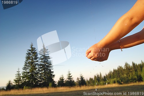 Image of fresh water falling on children hands