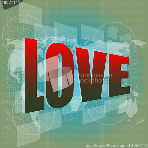 Image of love word on digital screen with world map - social concept