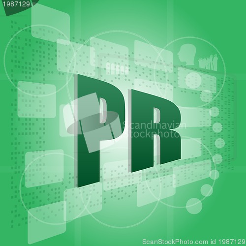 Image of pixelated words pr (public relations) on digital screen