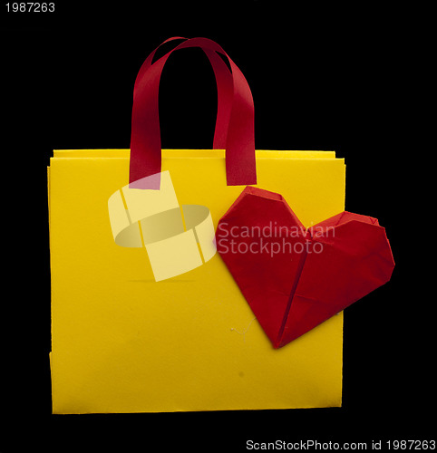 Image of Yellow shopping bag with red heart