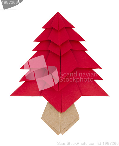 Image of Red christmas tree made of paper. Origami evergreen tree