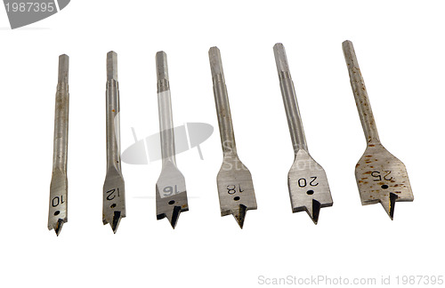 Image of Specific metallic drill bits for wood on white 