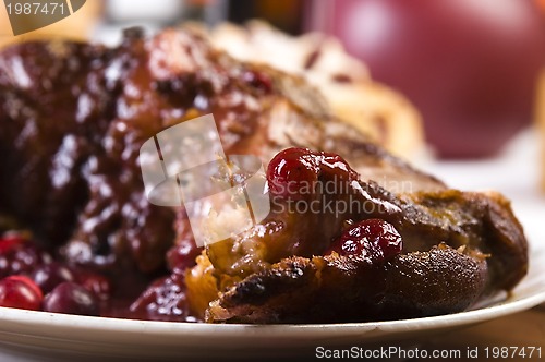 Image of Delicious Scrambled Grilled meat with cranberry sauce 