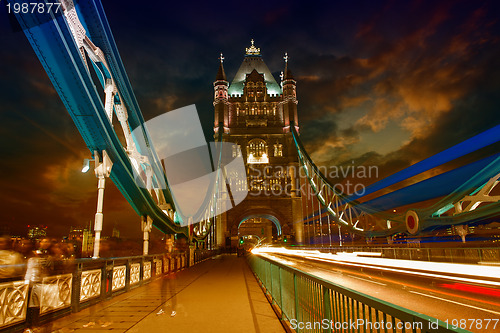 Image of Tower Bridge at Night with car light trails - London
