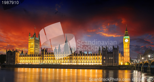 Image of Sunset Colors over Big Ben and House of Parliament - London